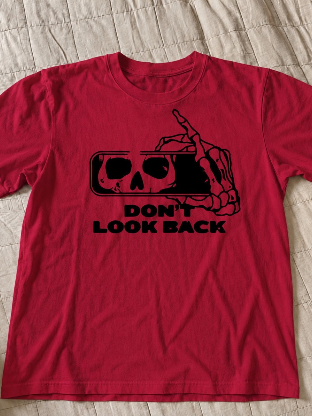 ANTIQUE CHERRY-RED Short Sleeve Tee with Black "Don't Look Back" Skull Graphic
